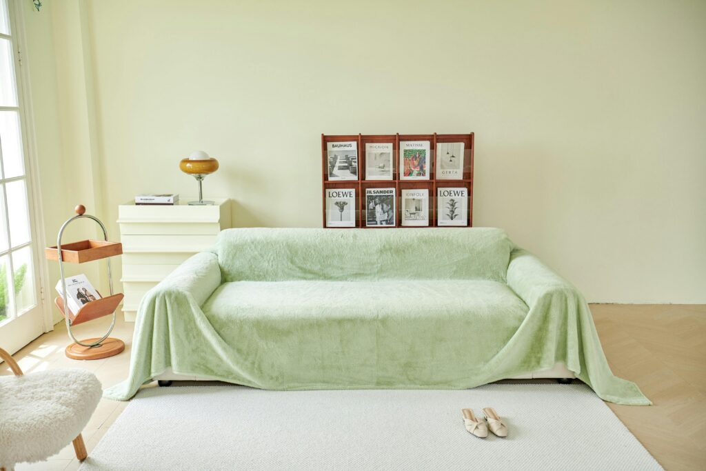 Stylish living room featuring a light green sofa cover, modern decor, and magazines display.
